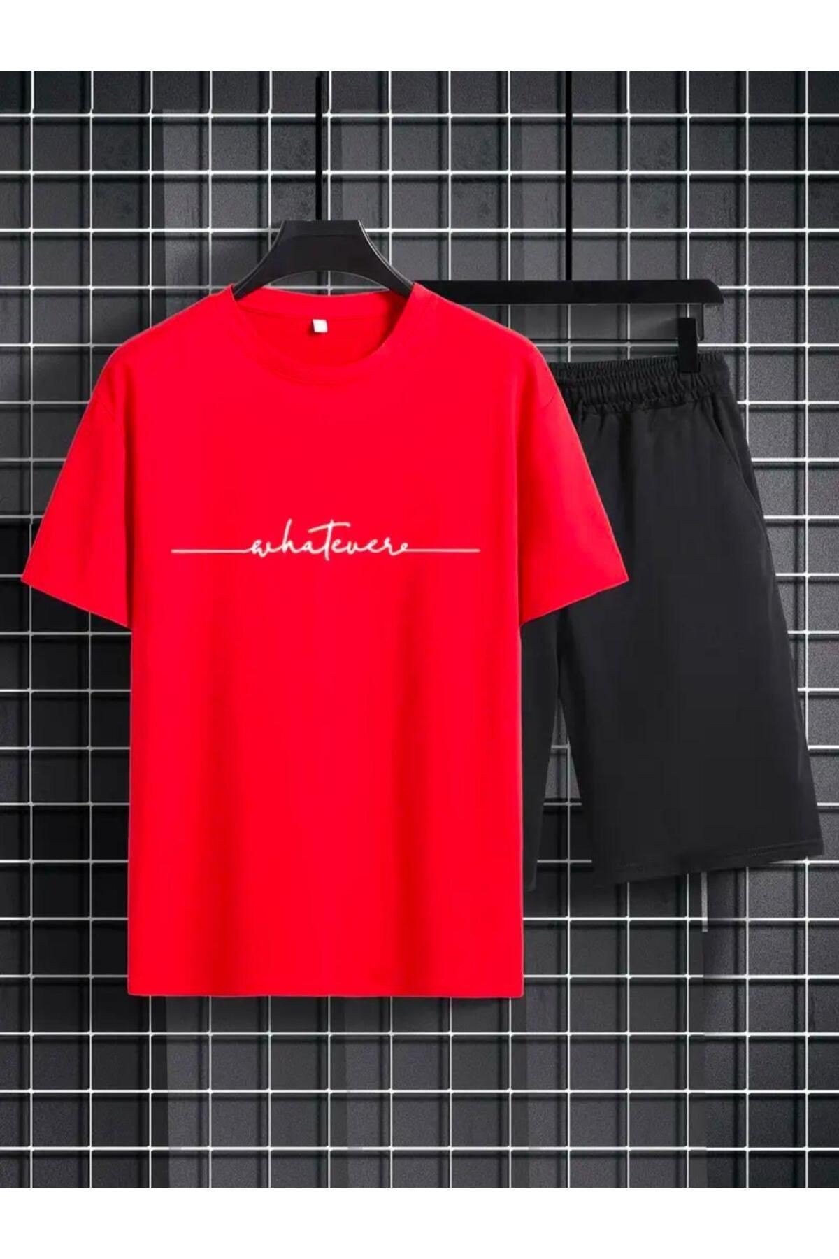 El Yazı Detaylı  Baskılı T-shirt Short Bol Paça Rahat Kalıp Siyah Alt Siyah Üst Short Takım