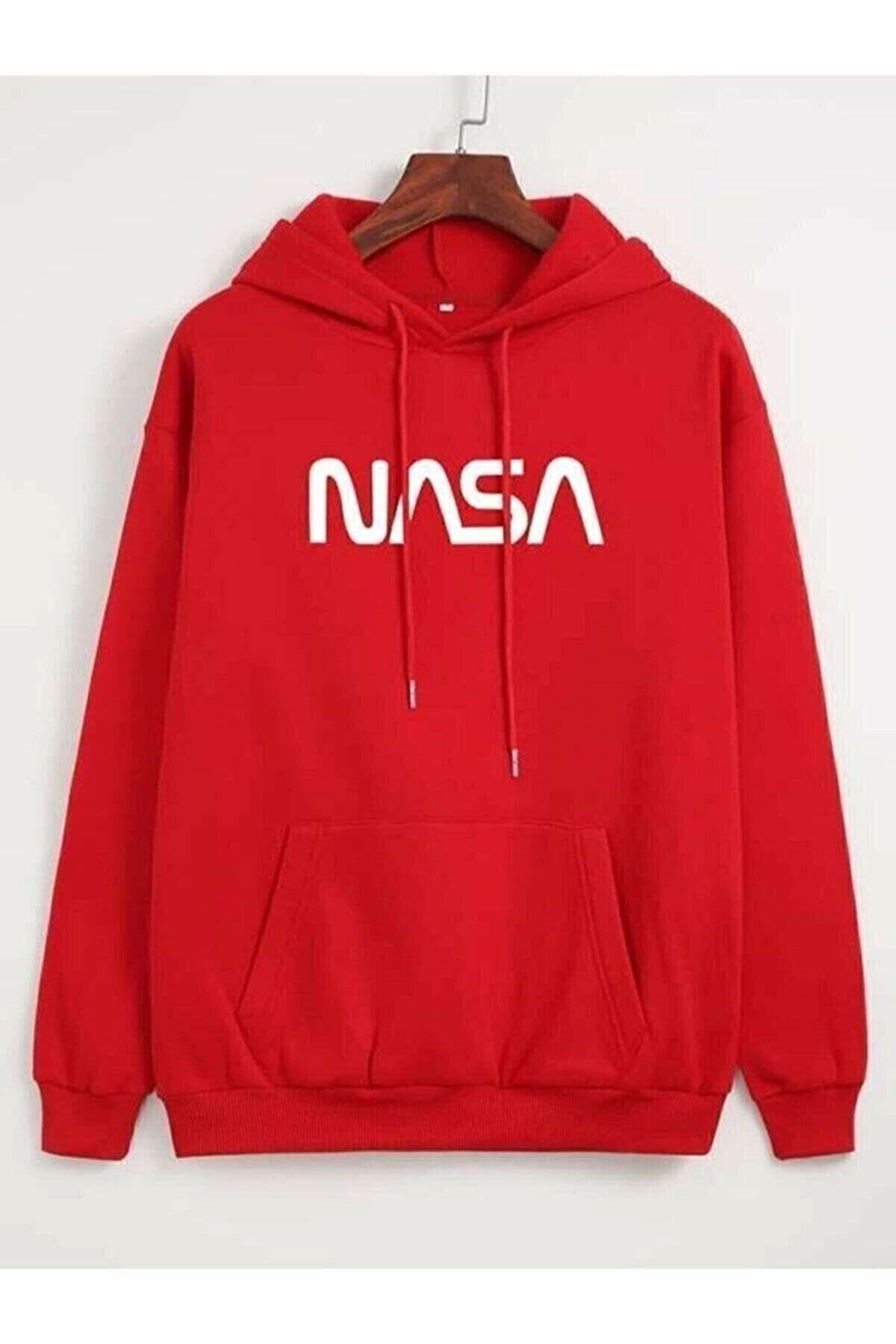 Unisex Nasa Kırmızı Baskılı Kapüşonlu Sweatshirt - Kırmızı