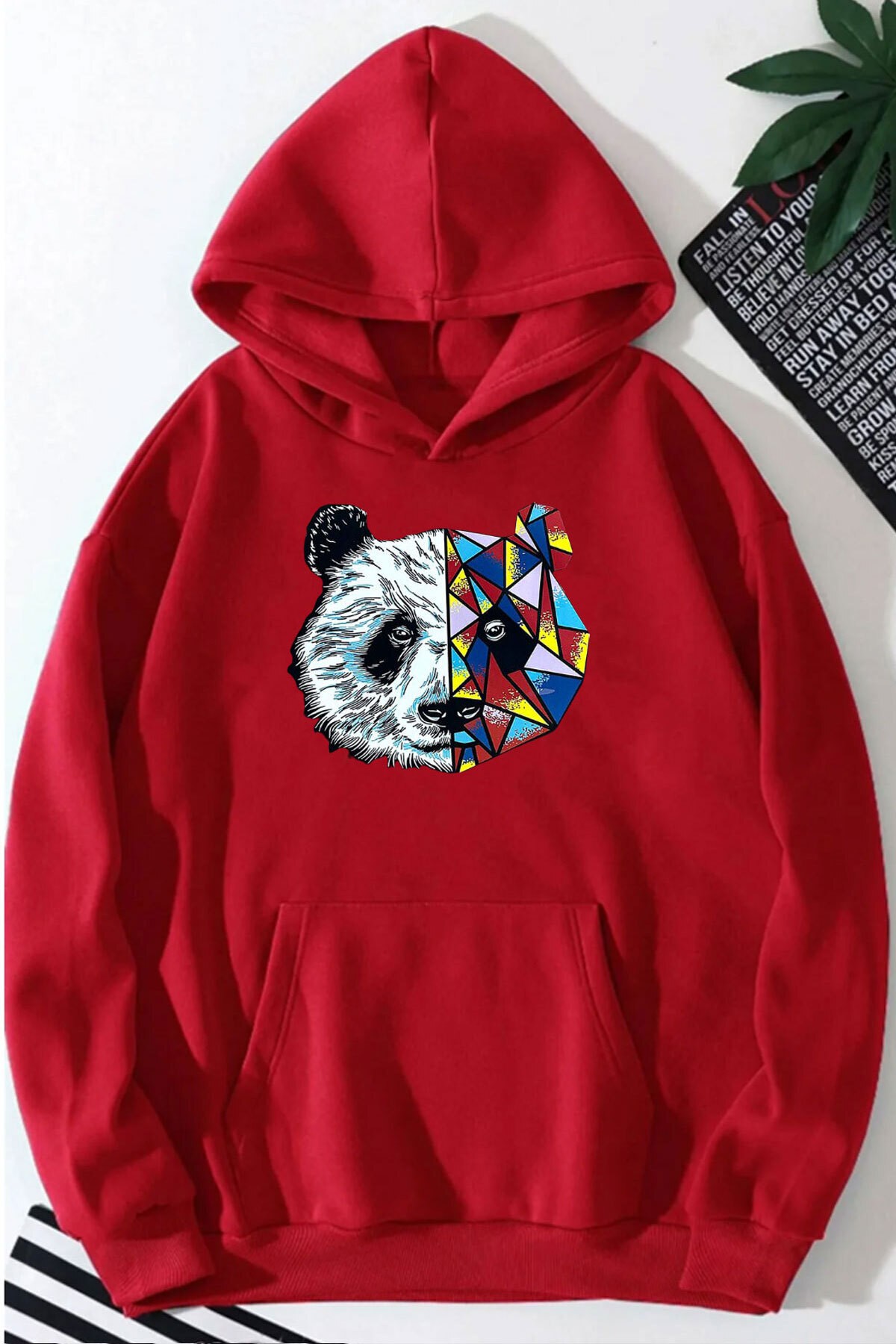 Panda Baskılı Kapüşonlu Sweatshirt - Kırmızı