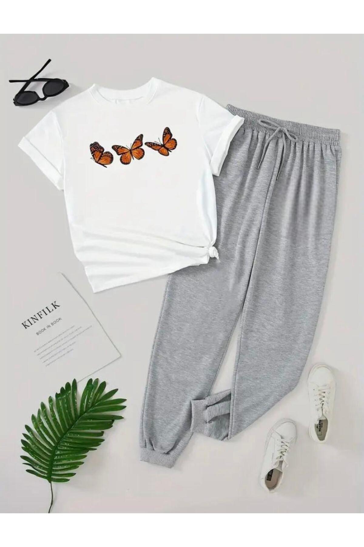 Kelebekler Baskılı  T-shirt Eşofman Altı Jogger Rahat Kalıp Siyah Eşofman Takım