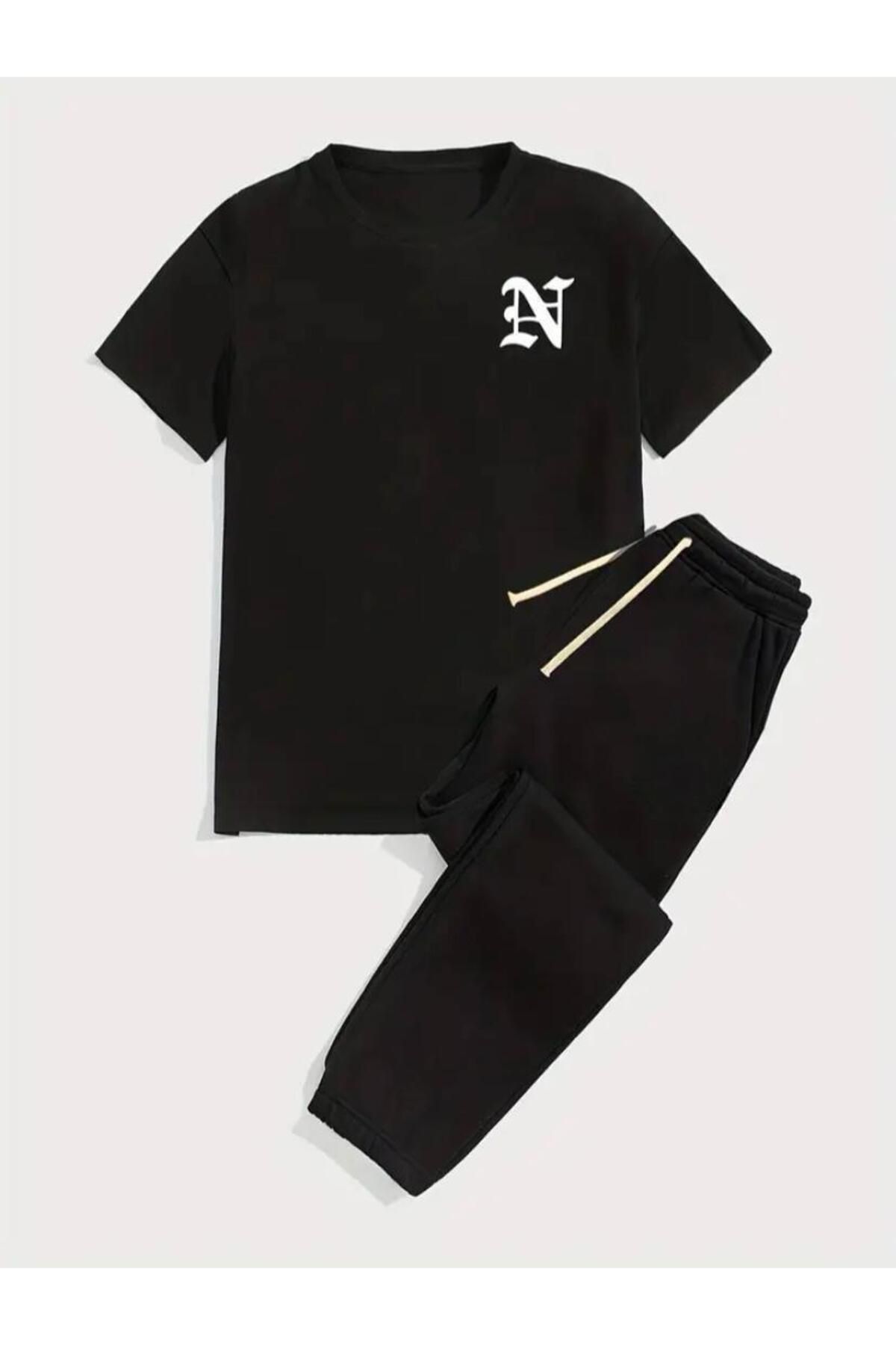 Yazı Baskılı  T-shirt Eşofman Altı Jogger Rahat Kalıp Siyah Eşofman Takım