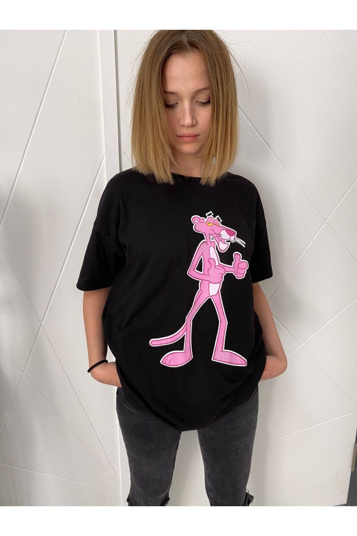 Blackjackgiyim Kadın Siyah Pembe Panter Baskılı Oversize Tshirt