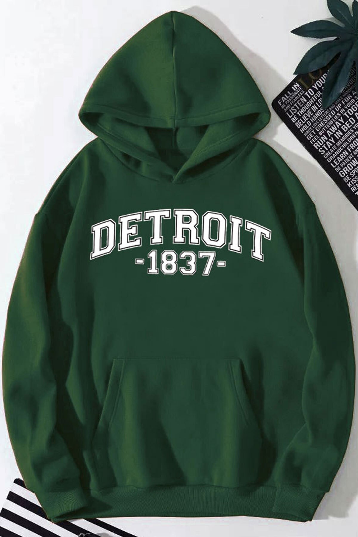 Detroit Baskılı Kapüşonlu Sweatshirt - Yeşil