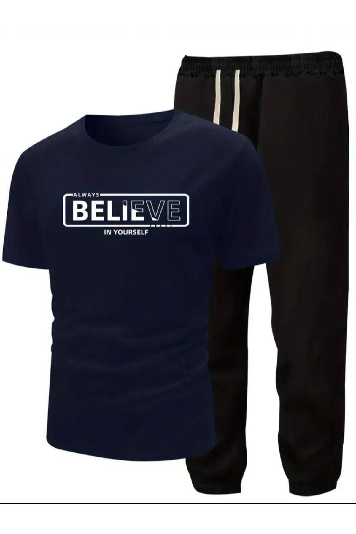 Believe Yazı  Baskılı  T-shirt Eşofman Altı Jogger Rahat Kalıp Siyah Eşofman Takım