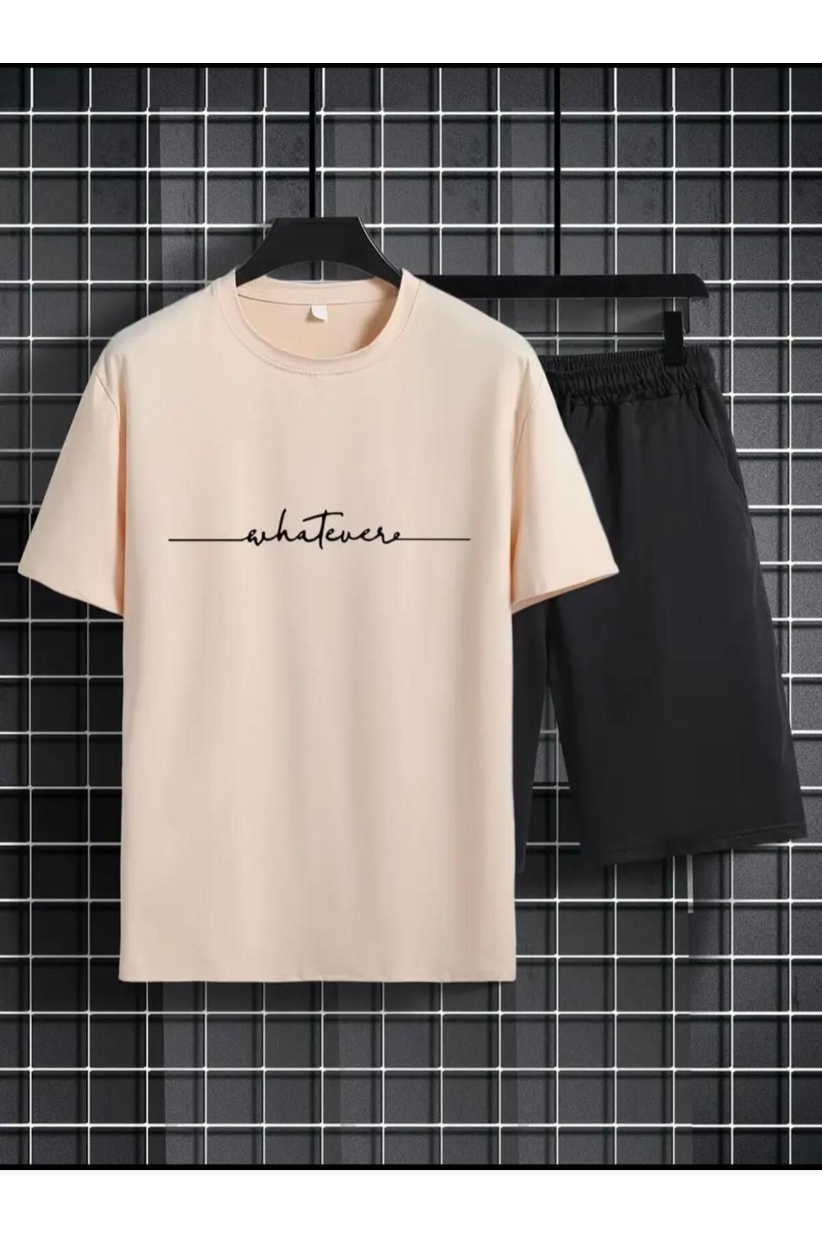 El Yazı Detaylı  Baskılı T-shirt Short Bol Paça Rahat Kalıp Siyah Alt Siyah Üst Short Takım