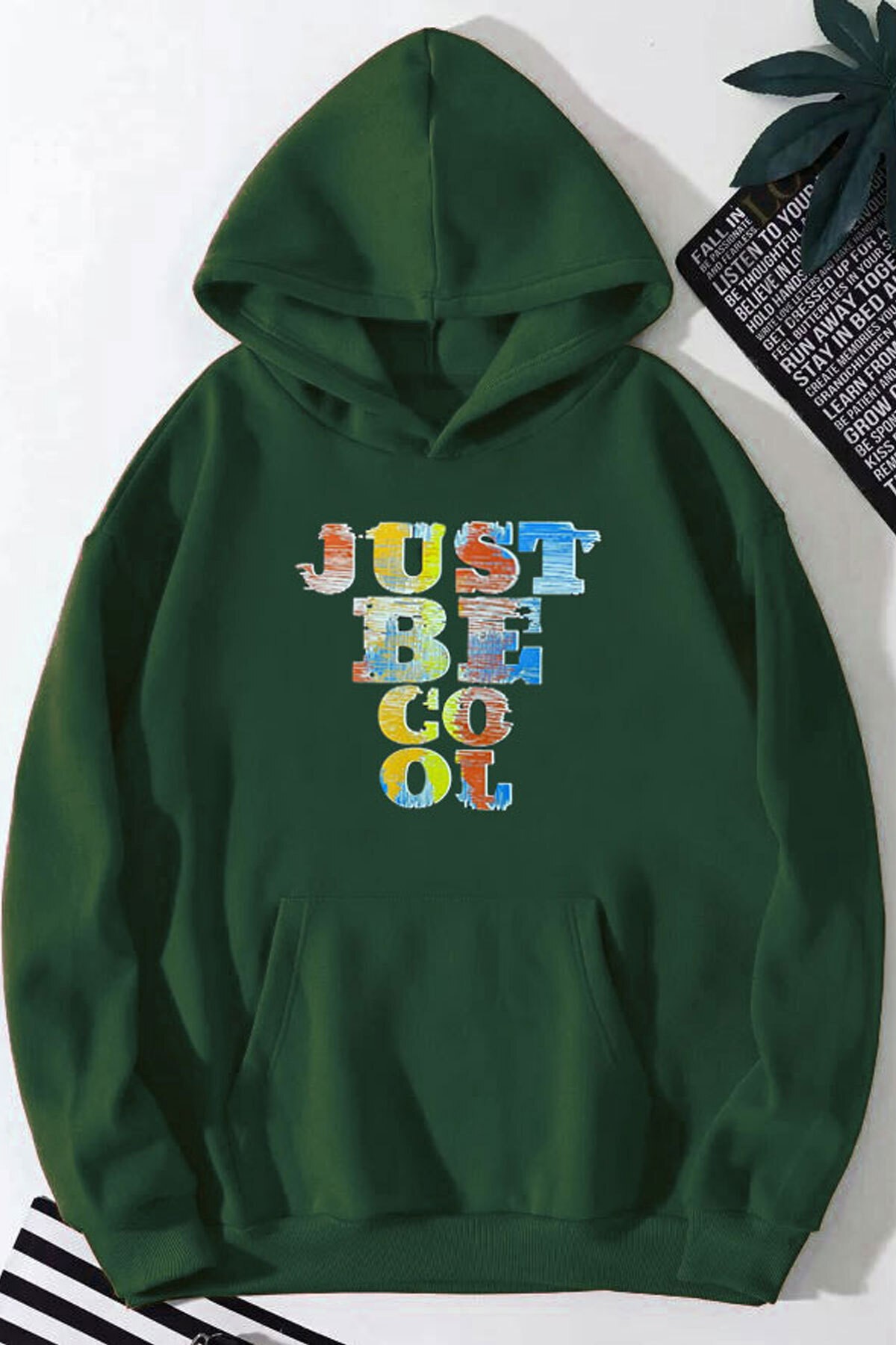 Just Be Cool Baskılı Kapüşonlu Sweatshirt - Yeşil