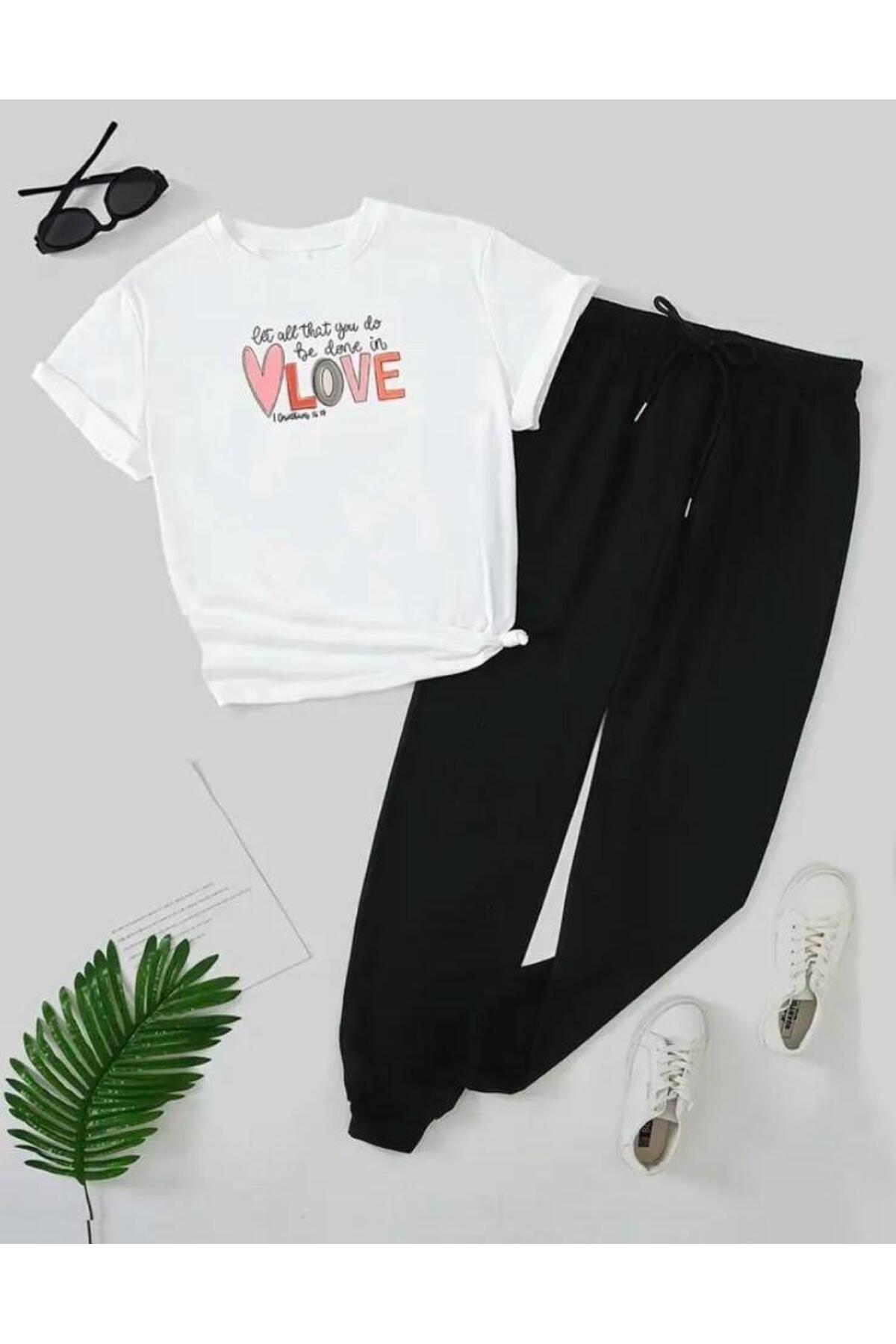 Love Baskılı  T-shirt Eşofman Altı Jogger Rahat Kalıp Siyah Eşofman Takım