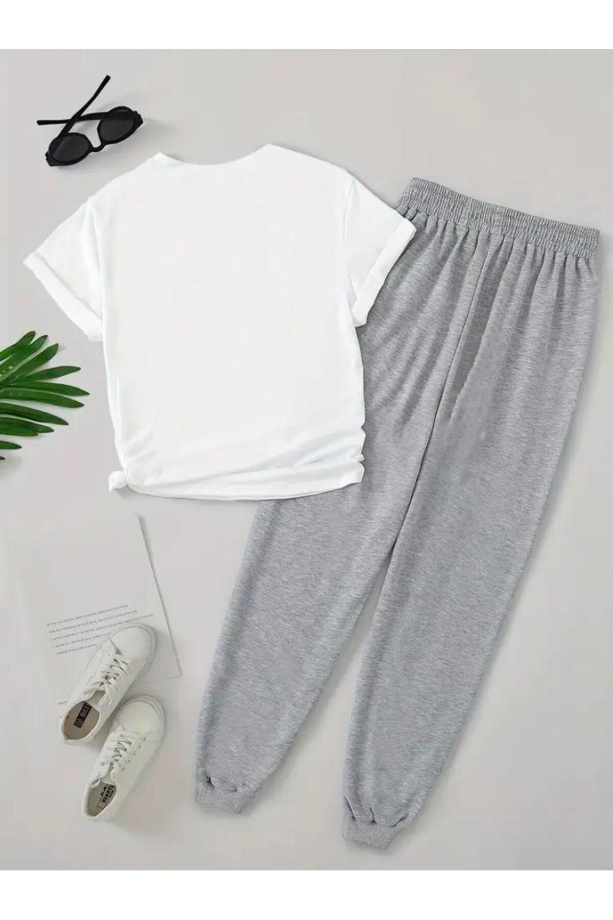 Kelebekler Baskılı  T-shirt Eşofman Altı Jogger Rahat Kalıp Siyah Eşofman Takım