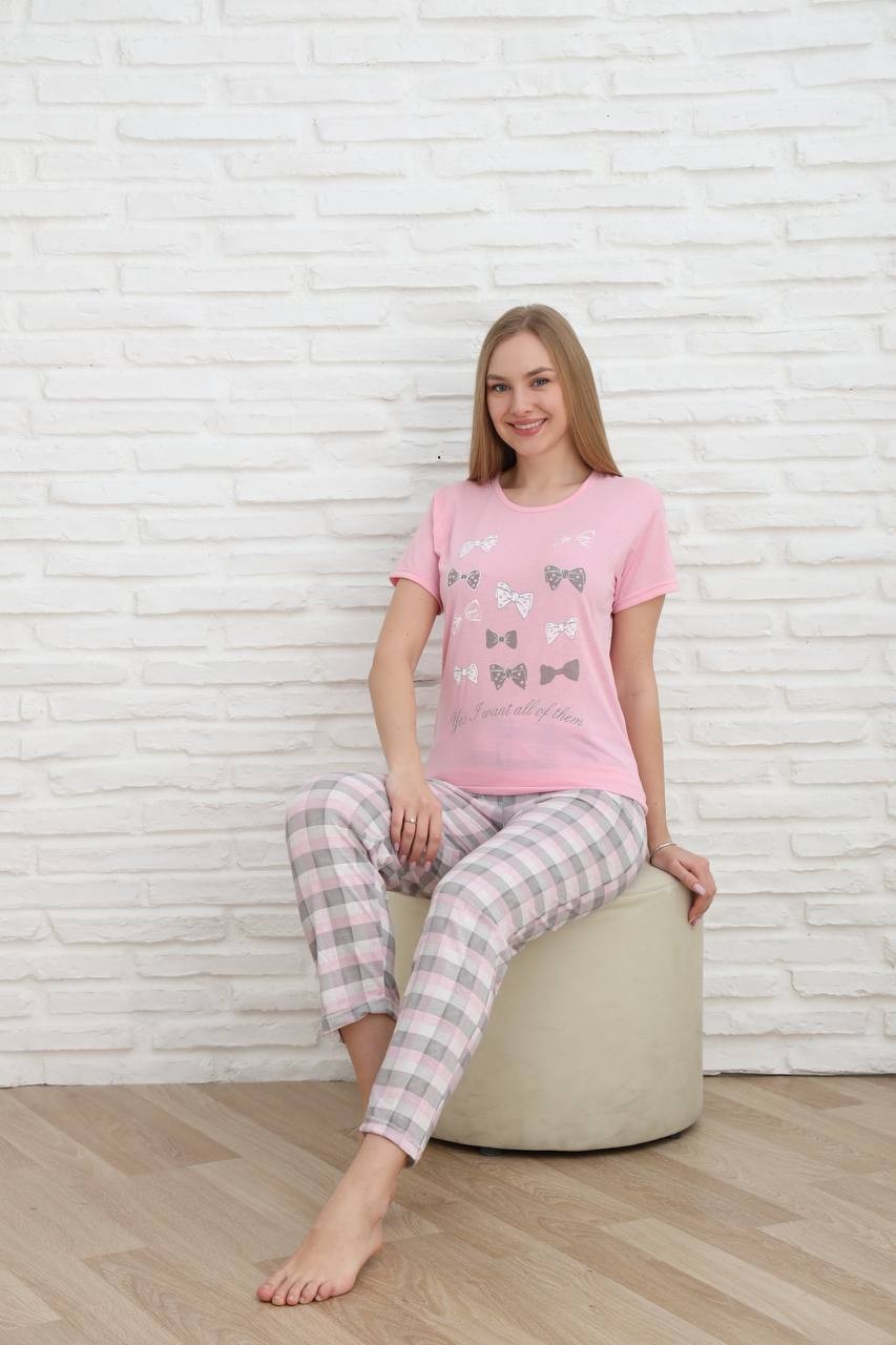 Kadın Pembe Ekoseli Büyük Beden Kalp Desenli Kısa Kol Ince Yazlık Pijama Takımı