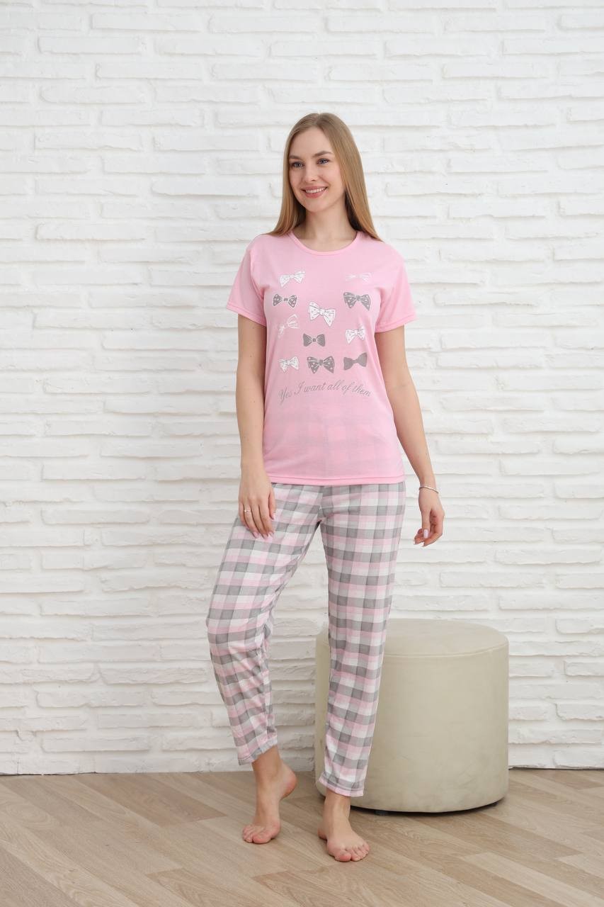Kadın Pembe Ekoseli Büyük Beden Kalp Desenli Kısa Kol Ince Yazlık Pijama Takımı