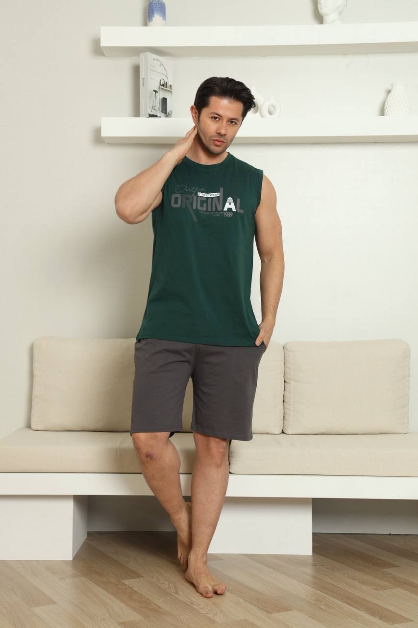 Erkek Haki Baskılı %100 Pamuk Atlet Şort Kolsuz Spor Tarz Cepli Yazlık Pijama Takımı