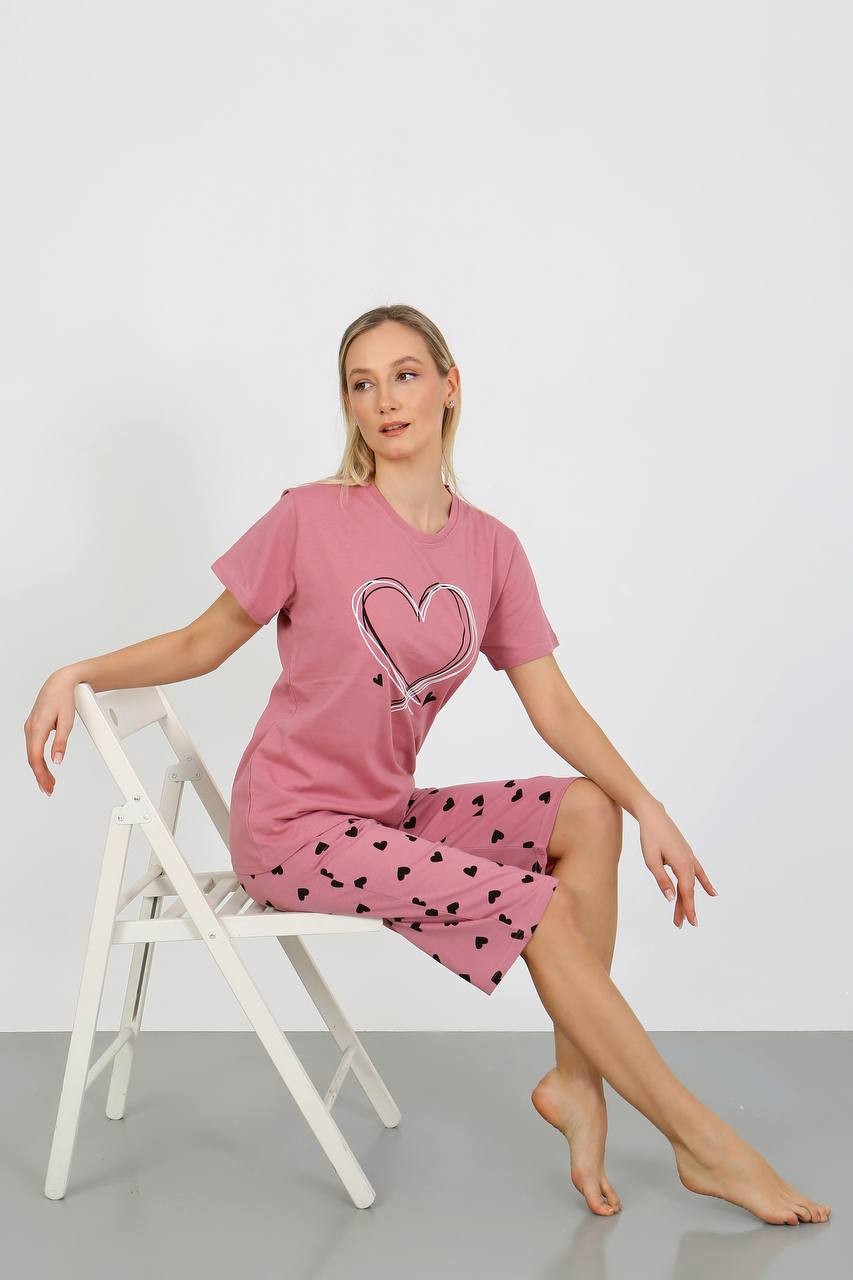 Kadın Gül Kurusu %100 Pamuk Tavşan Detaylı Yazlık Kısa Kol Cepli Kapri Bermuda Pijama Takımı - Pembe-1