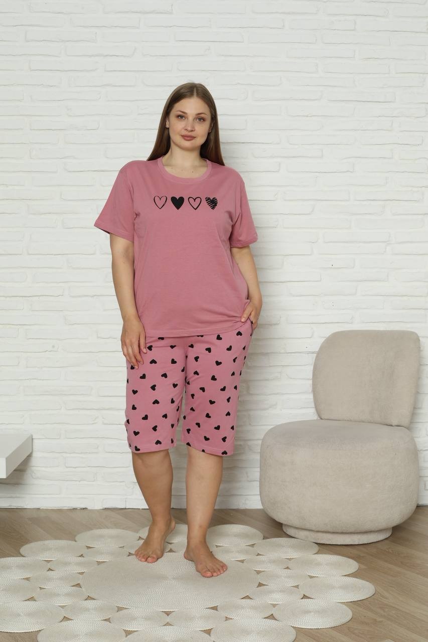 Kadın Gül Kurusu Battal Boy Büyük Beden Pamuklu Yazlık Kısa Kol Cepli Kapri Bermuda Pijama Takımı - Pembe