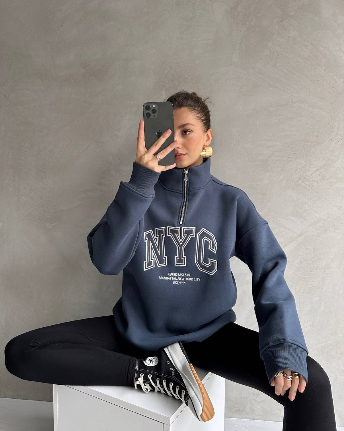 Kadın Yarım Fermuarlı Şardonlu Basic Oversize Sweatshirt - Antrasit