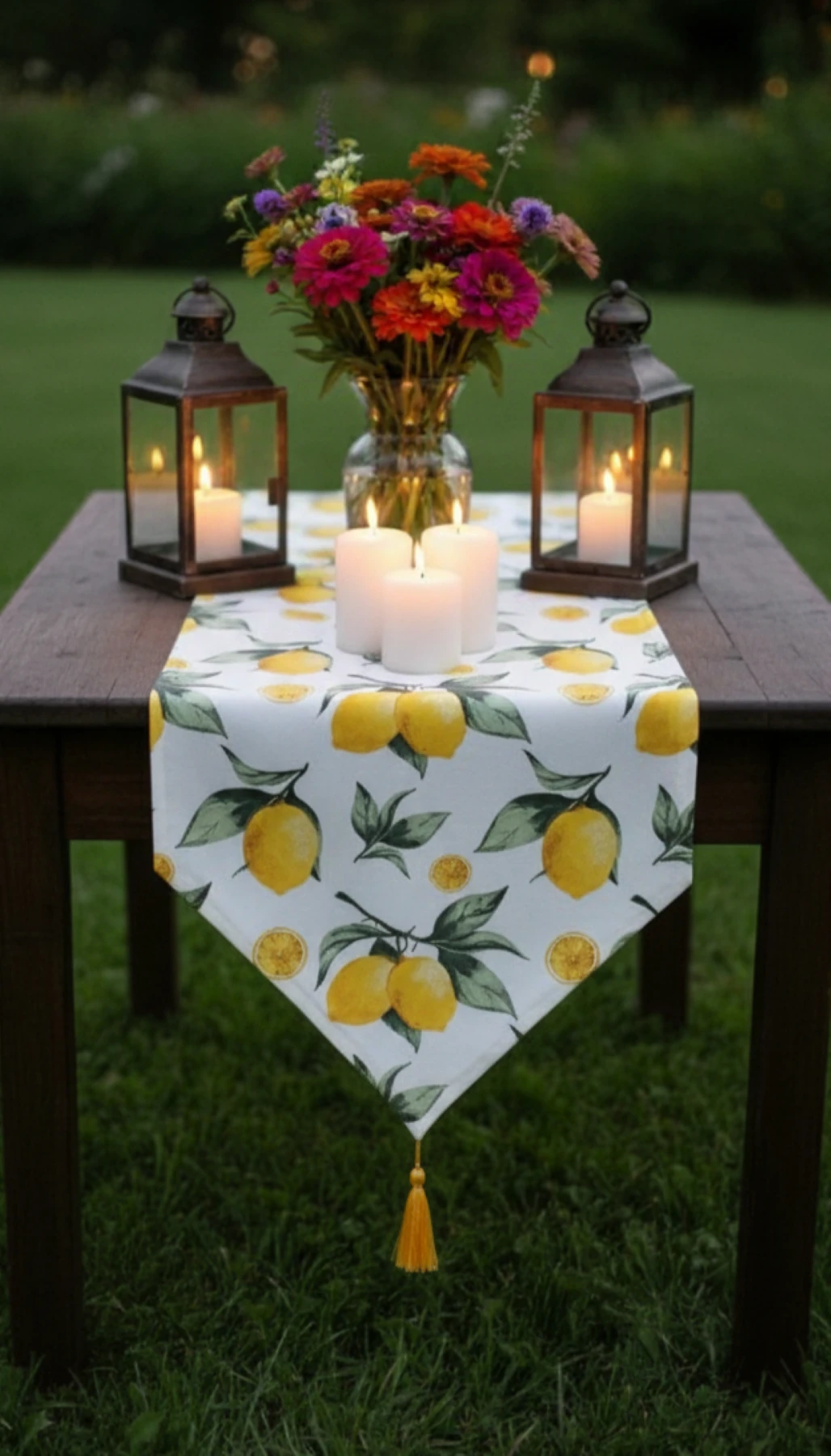 Capcanlı Renkler Jüt Görünümlü Leke Tutmaz Kumaş Püsküllü Runner Masa Örtüsü - Sarı-Haki