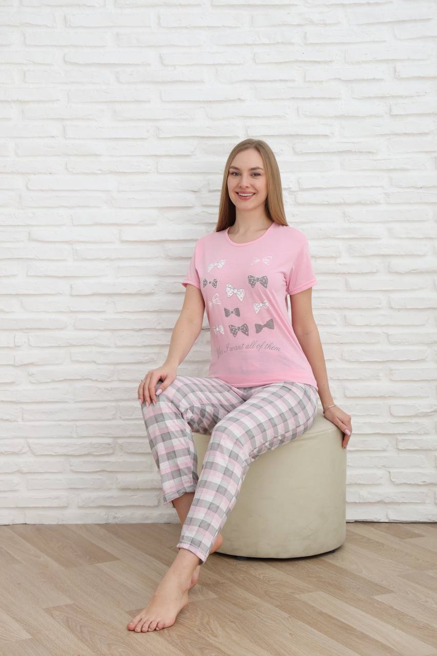 Kadın Pembe Ekoseli Büyük Beden Kalp Desenli Kısa Kol Ince Yazlık Pijama Takımı