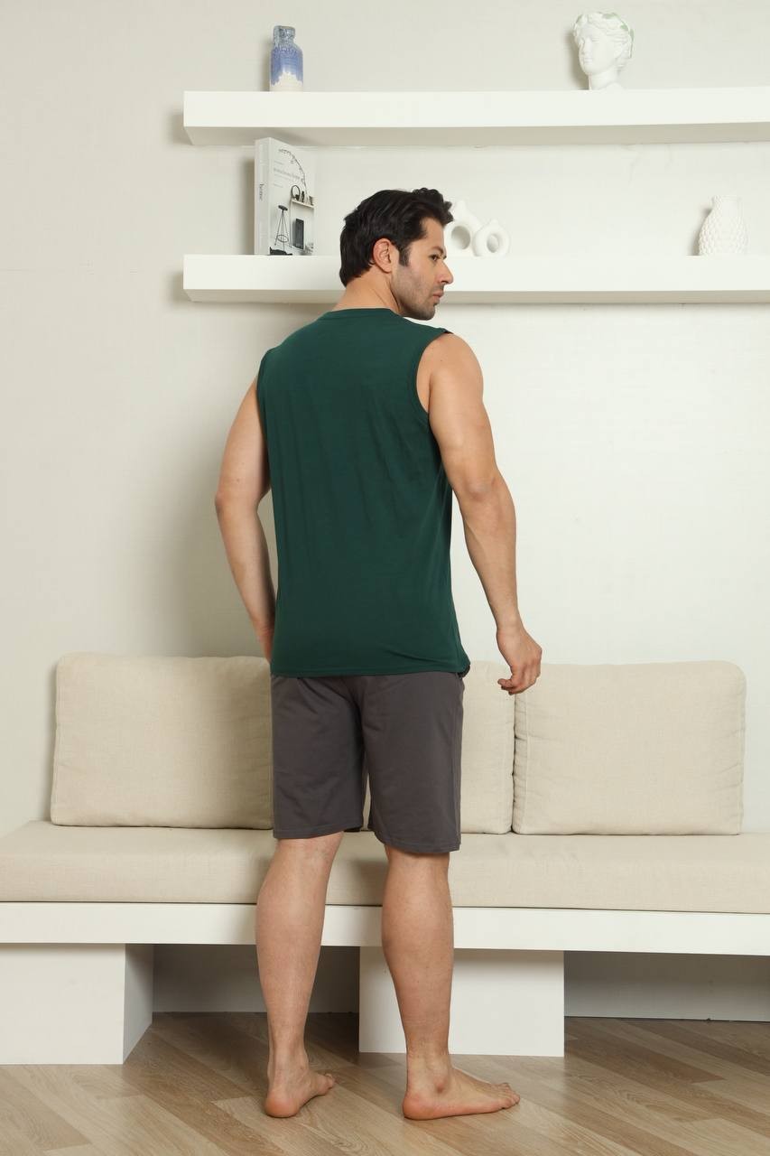 Erkek Haki Baskılı %100 Pamuk Atlet Şort Kolsuz Spor Tarz Cepli Yazlık Pijama Takımı