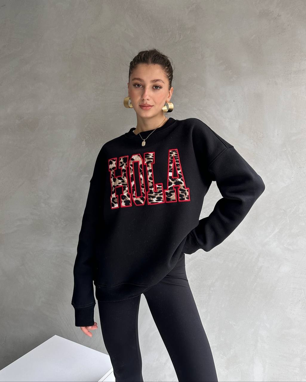 Kadın Leopar Hola Baskılı Şardonlu Oversize Sweatshirt - L/40