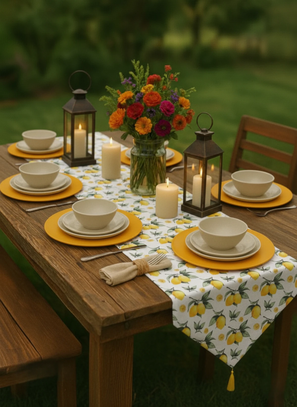 7 Parça Klasik Motif Sunum Seti 6 Adet Amerikan Servisi Supla 1 Adet Püsküllü Runner Örtü Takım - Limon-Sarı