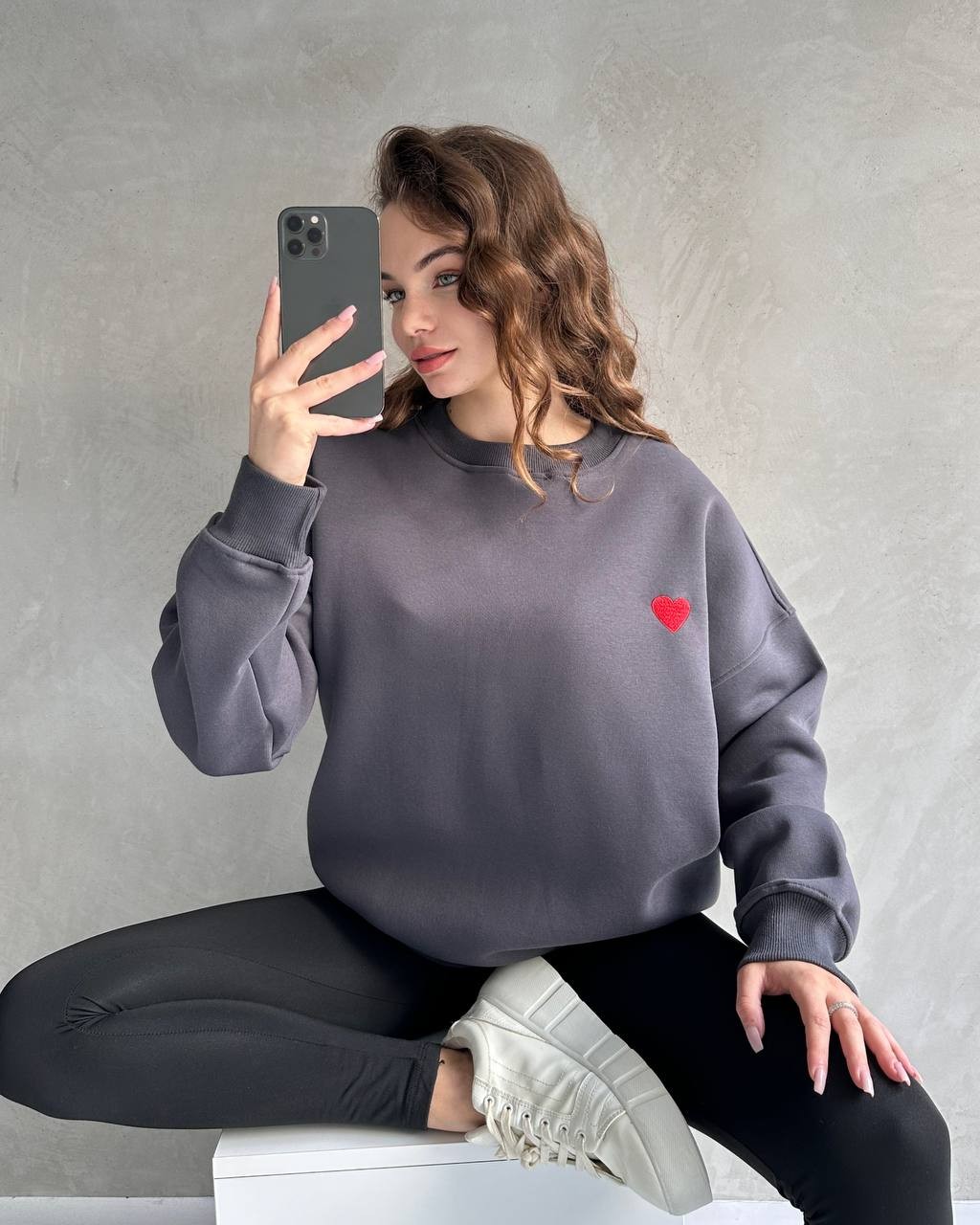 Kadın Kalp Detaylı Şardonlu Basic Oversize Sweatshirt - Antrasit