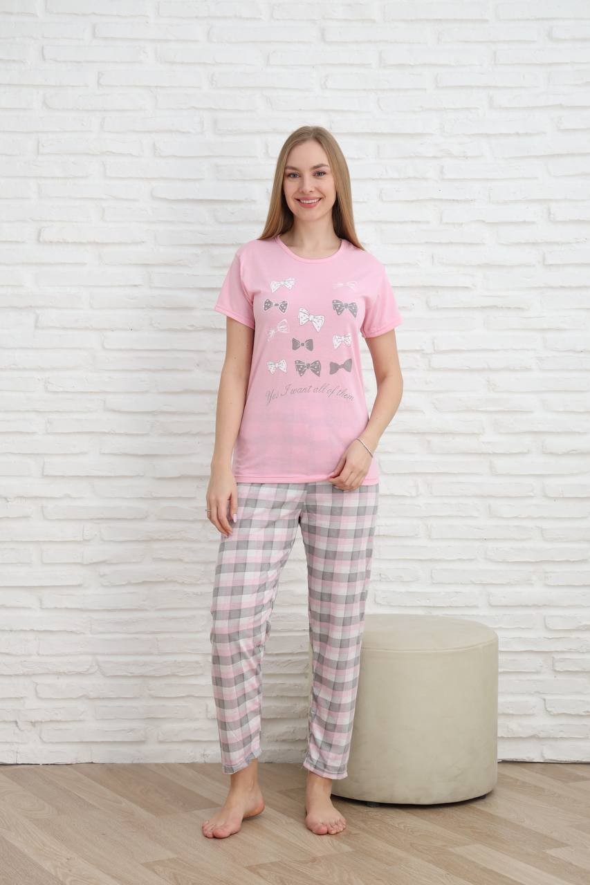 Kadın Pembe Ekoseli Büyük Beden Kalp Desenli Kısa Kol Ince Yazlık Pijama Takımı