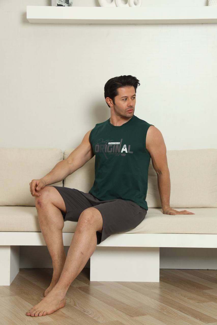 Erkek Haki Baskılı %100 Pamuk Atlet Şort Kolsuz Spor Tarz Cepli Yazlık Pijama Takımı