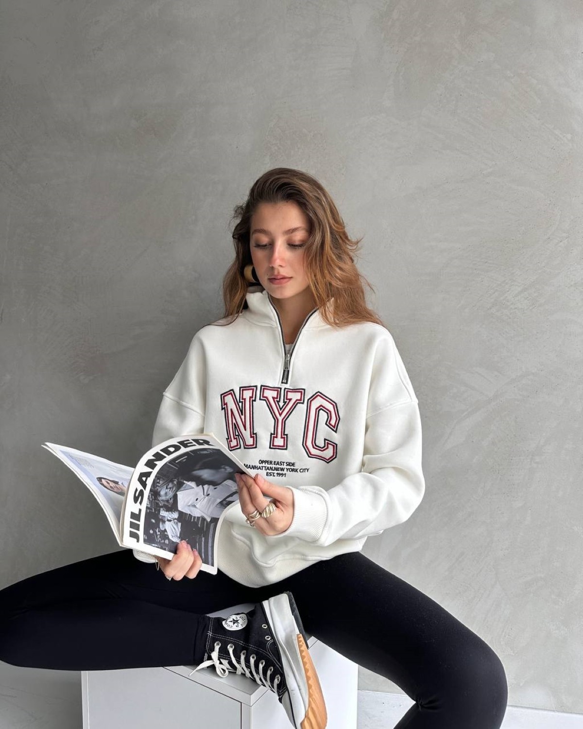 Kadın Yarım Fermuarlı Şardonlu Basic Oversize Sweatshirt - Beyaz