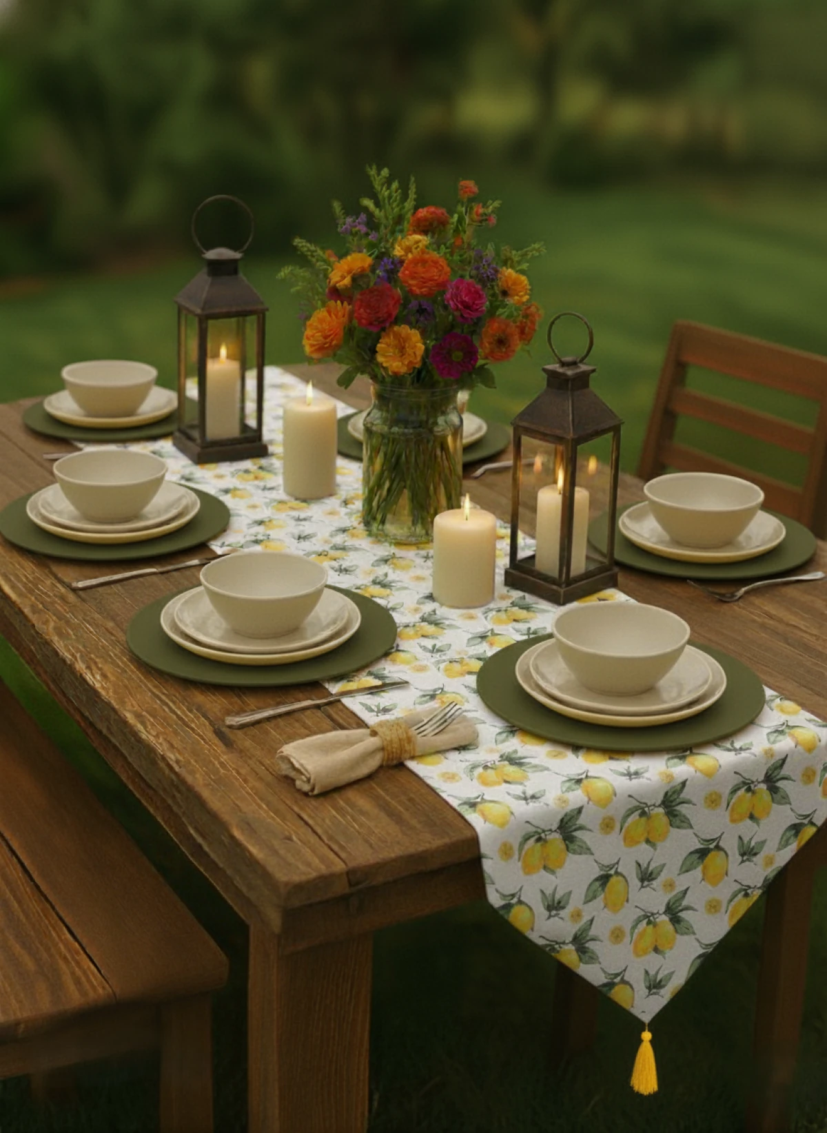 7 Parça Klasik Motif Sunum Seti 6 Adet Amerikan Servisi Supla 1 Adet Püsküllü Runner Örtü Takım - Limon-Haki