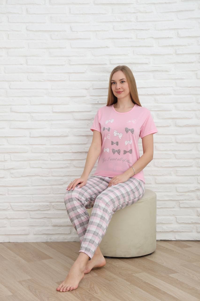 Kadın Pembe Ekoseli Büyük Beden Kalp Desenli Kısa Kol Ince Yazlık Pijama Takımı - Pembe