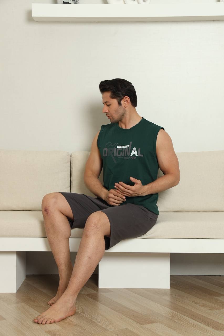 Erkek Haki Baskılı %100 Pamuk Atlet Şort Kolsuz Spor Tarz Cepli Yazlık Pijama Takımı