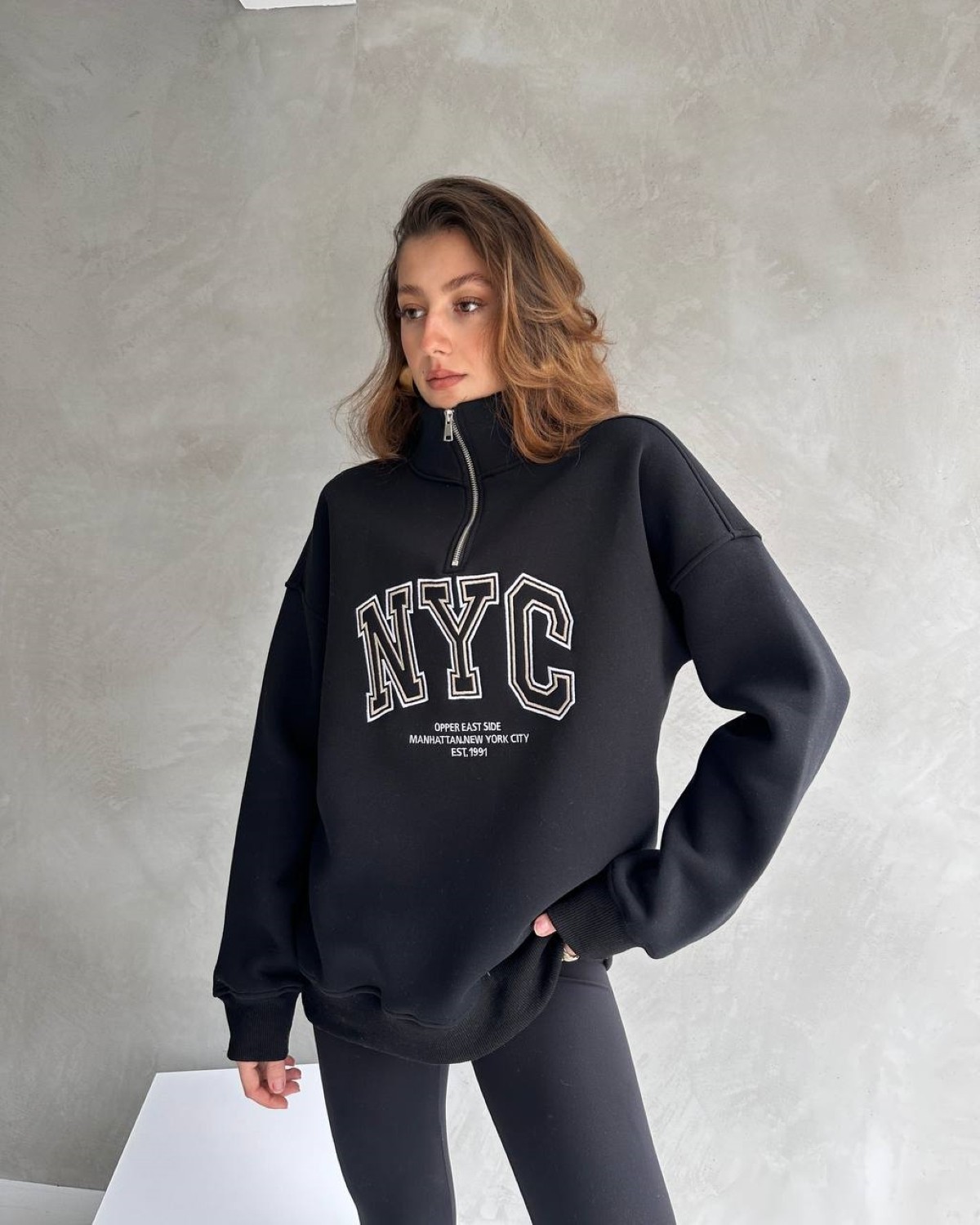 Kadın Yarım Fermuarlı Şardonlu Basic Oversize Sweatshirt - Siyah