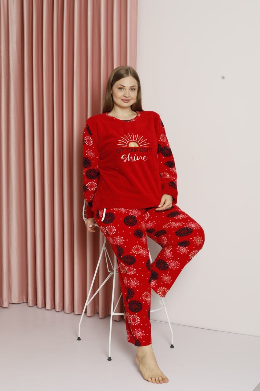 Kadın Well Soft Büyük Beden Polar Peluş Pijama Takımı - Kırmızı1