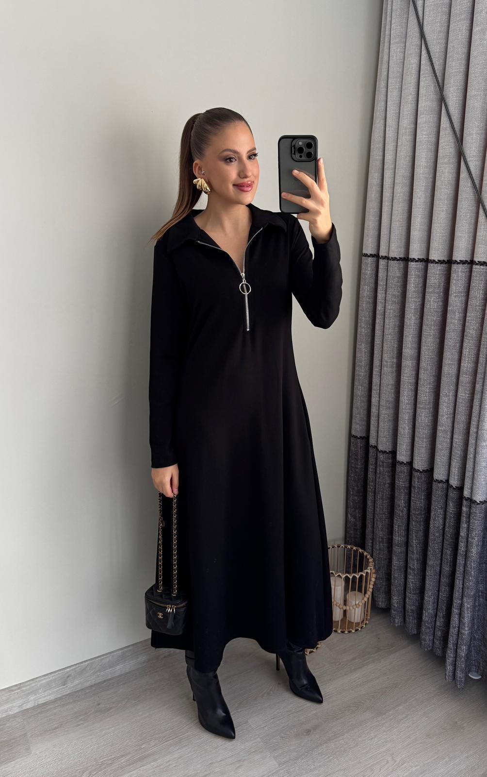 Uzun Kollu Fermuarlı Elbise