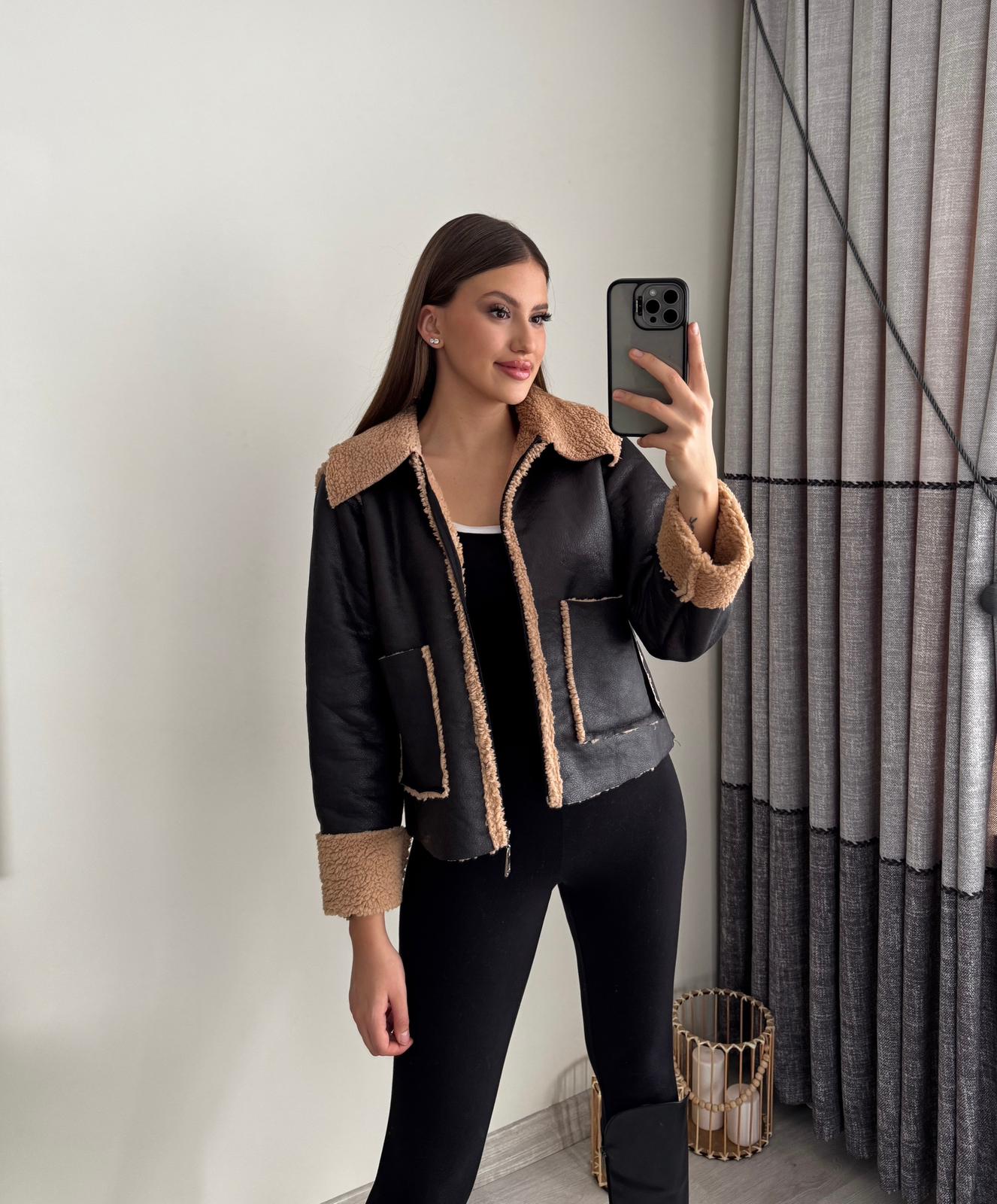 Peluş Nubuk Siyah Renk Deri Ceket