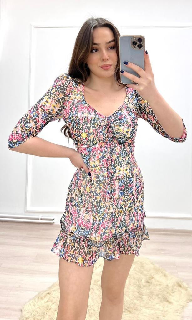 Mini Çiçekli Şifon Elbise