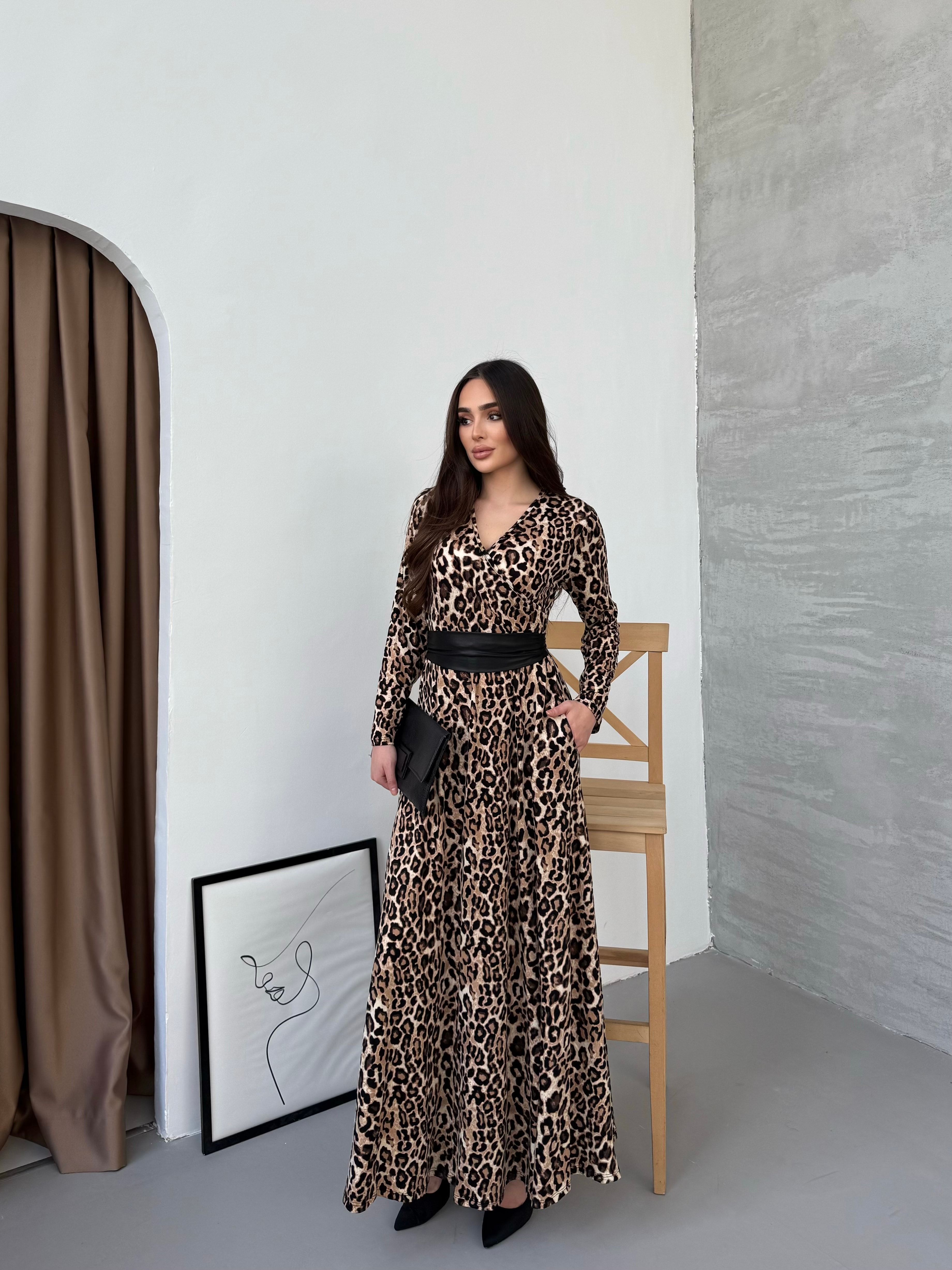 1029 Leopar Kemerli Maxi Elbise