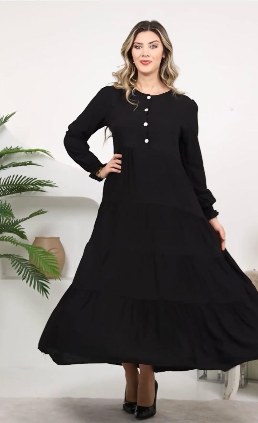 Yarım Düğmeli Düz Renk Elbise - Siyah