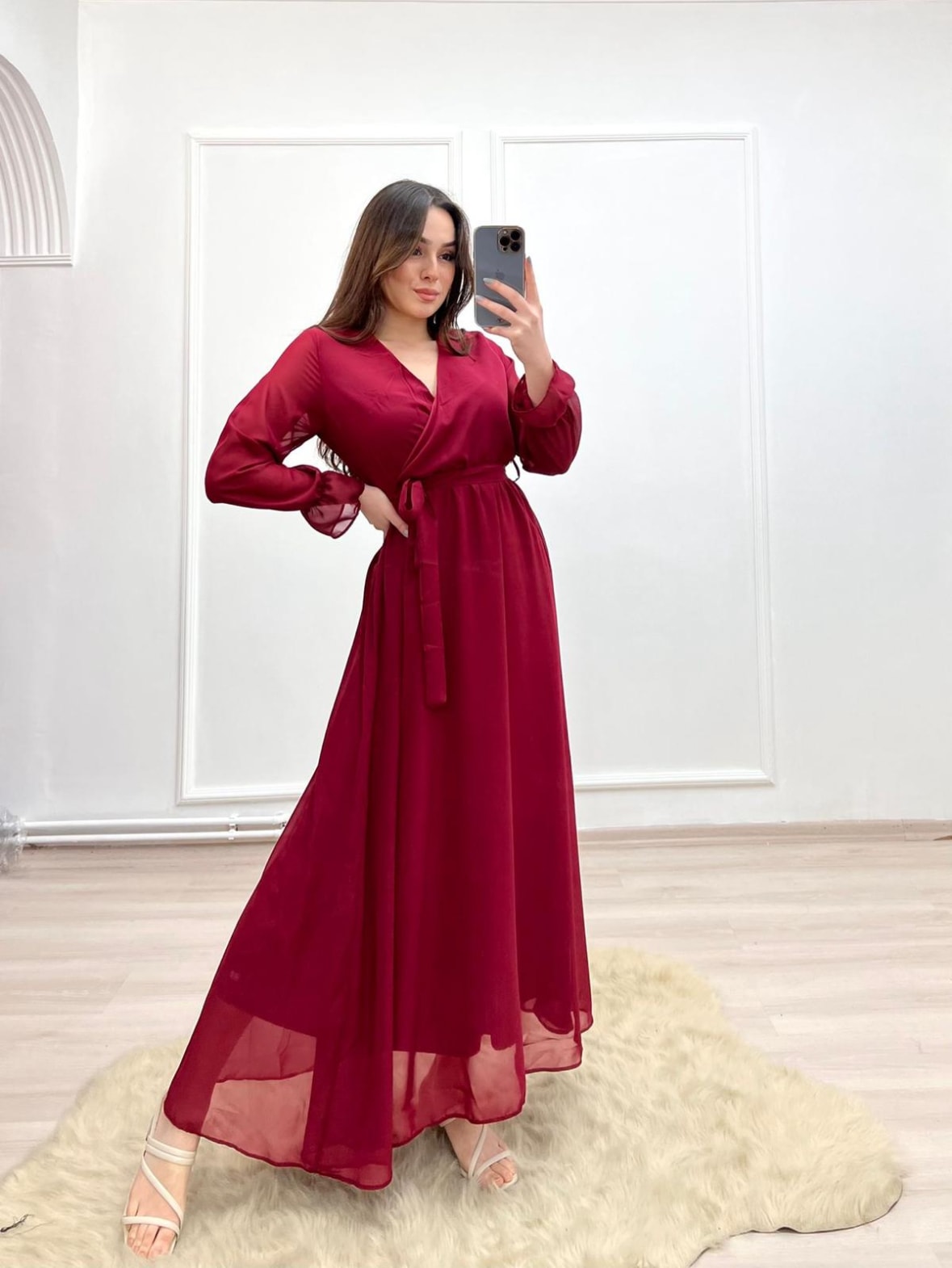 1027 Maxi Astarlı Şifon Elbise