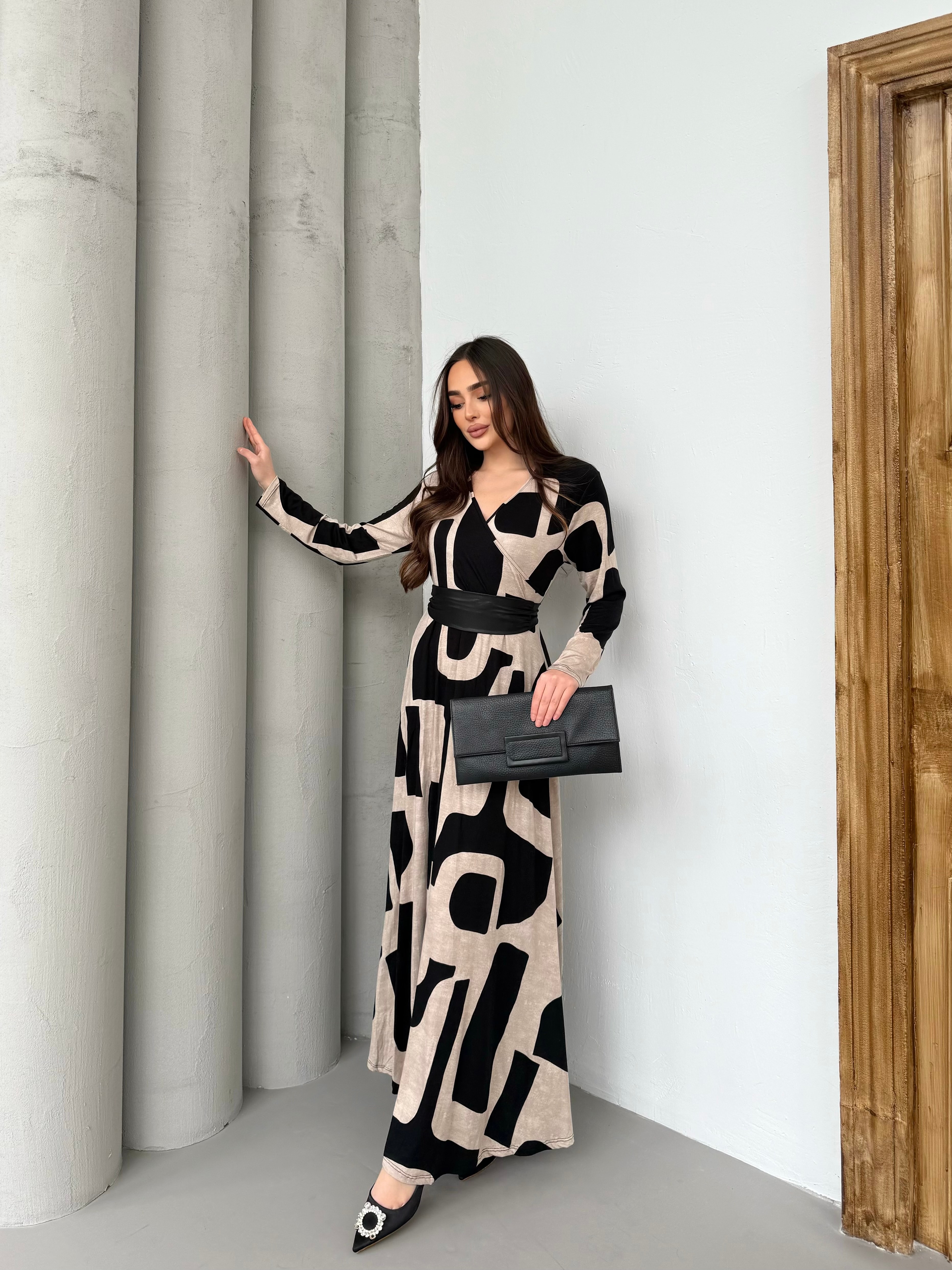 1028 Parçalı Kemerli Maxi Elbise