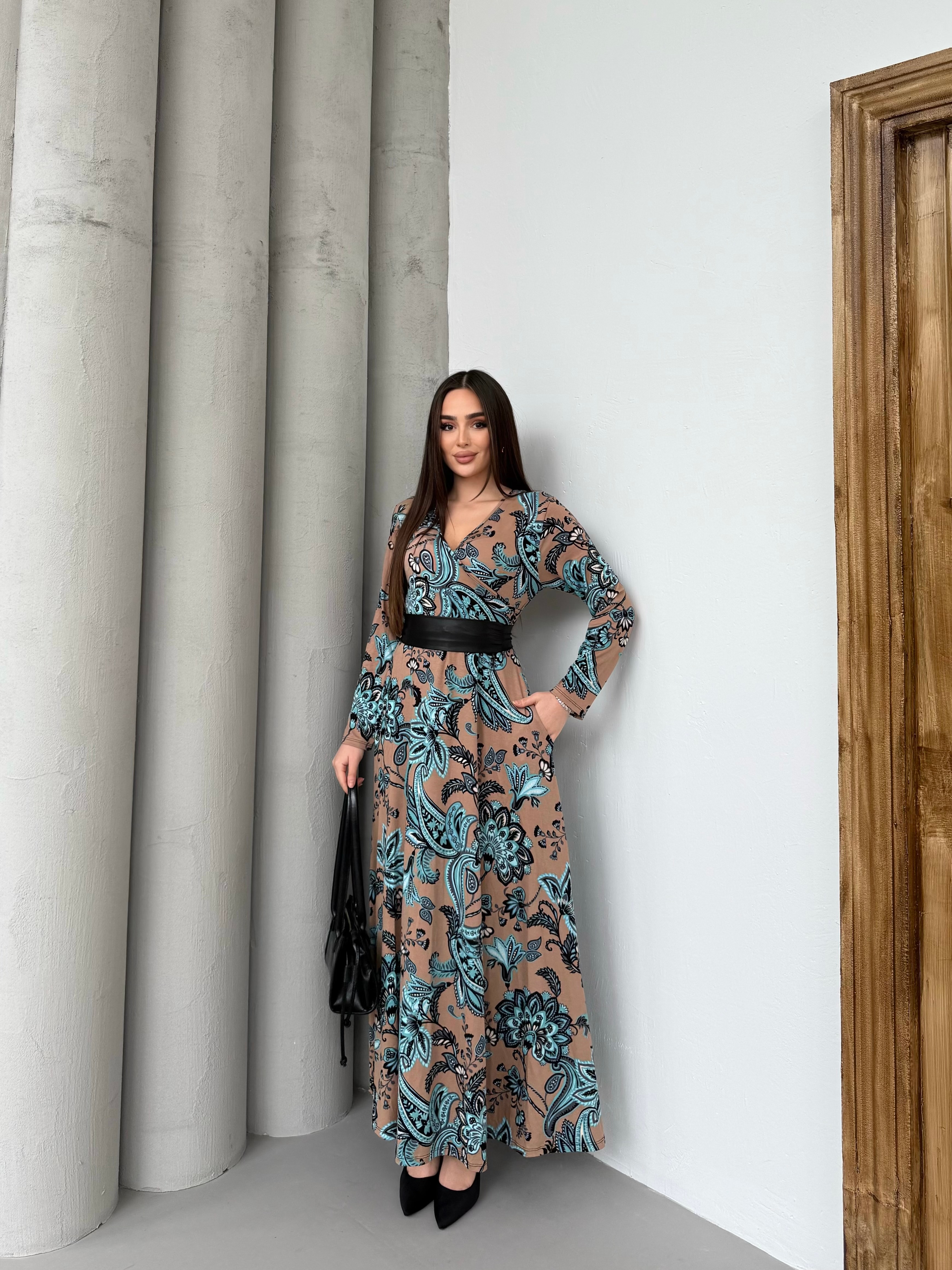 1030 Turkuaz Kemerli Maxi Elbise
