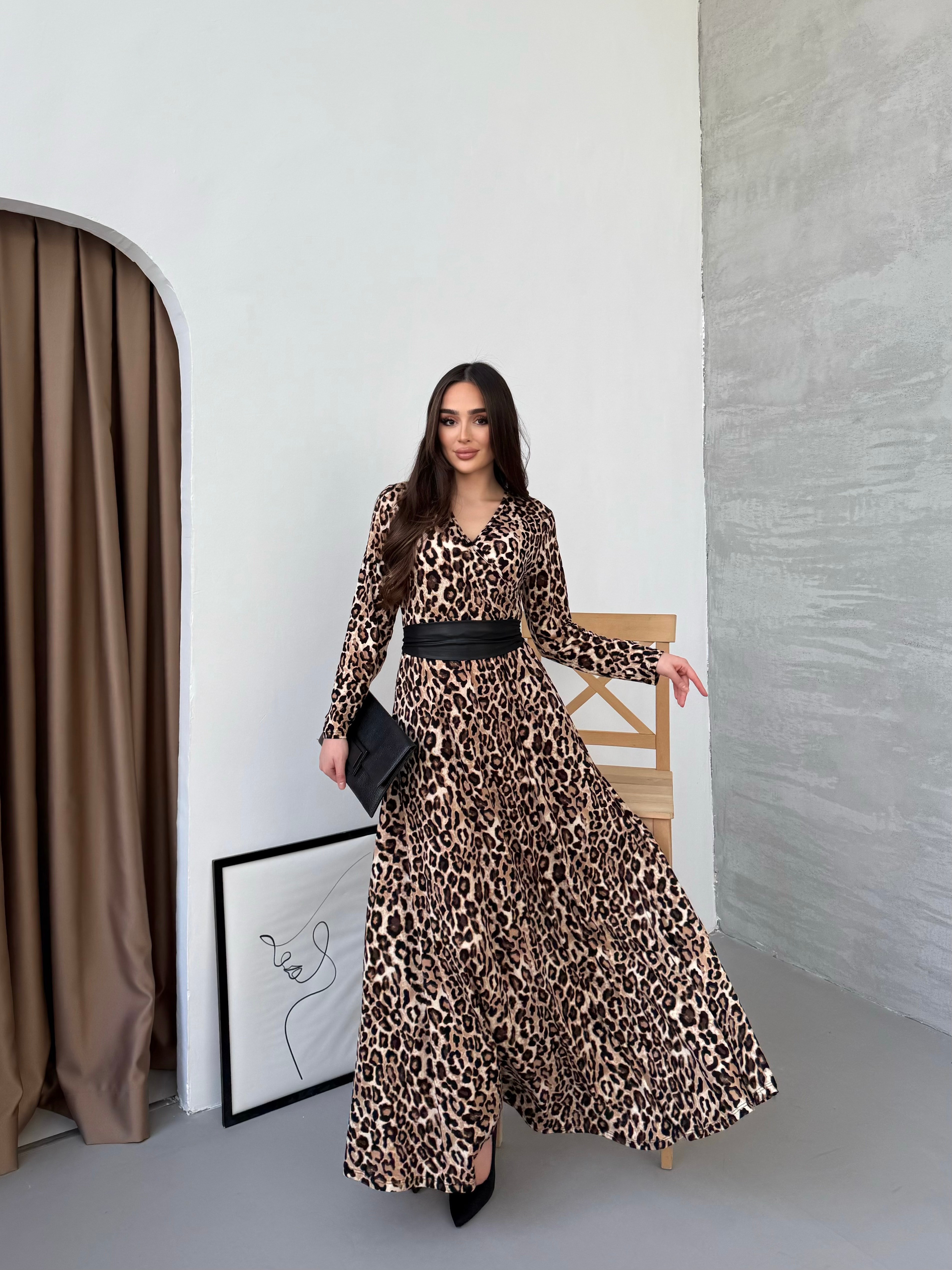 1029 Leopar Kemerli Maxi Elbise
