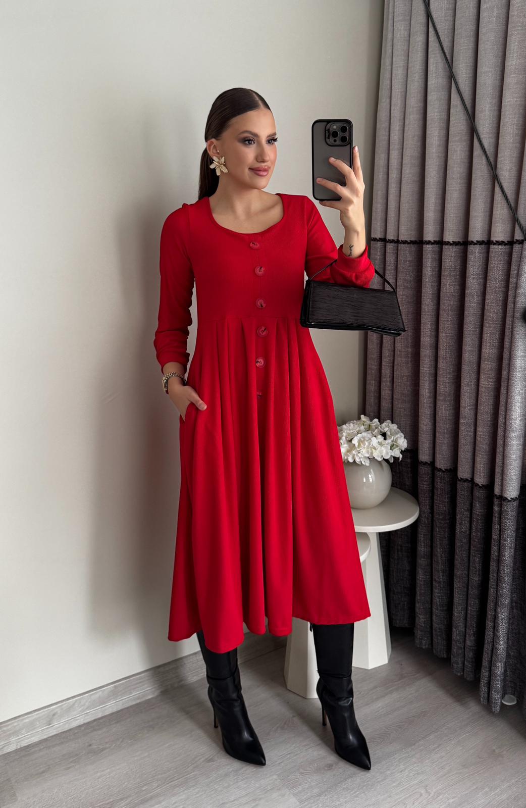 Pileli Düğmeli Midiboy Elbise