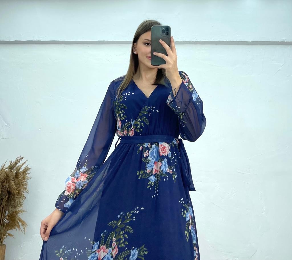 Kırçiçeği Desen Şifon Elbise - Lacivert