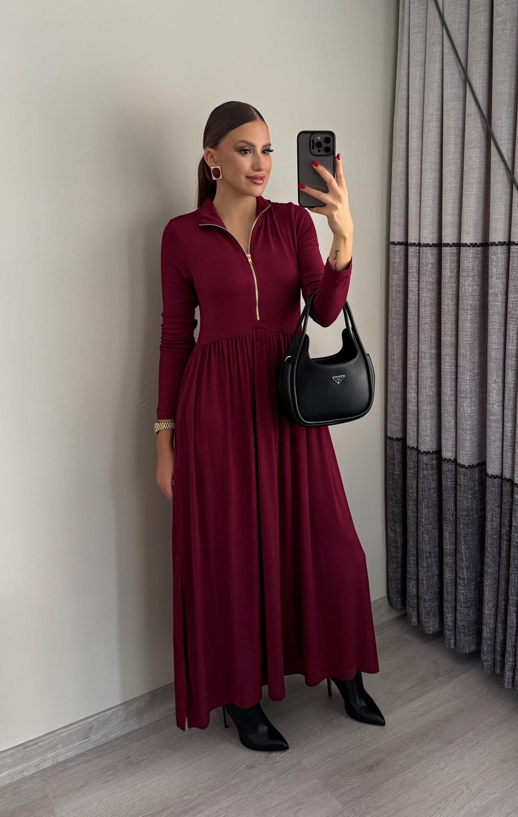 Fermuarlı Yırtmaçlı Maxi Elbise