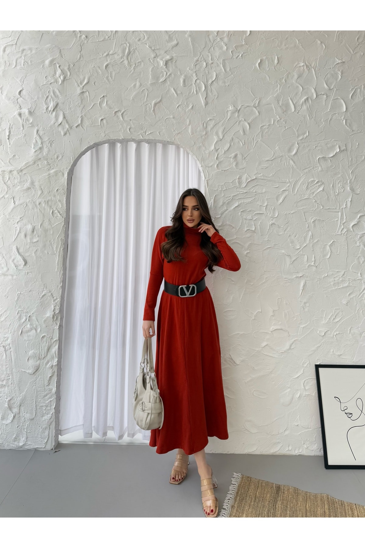 Maxi Balıkçı Yaka Kemerli Triko Elbise