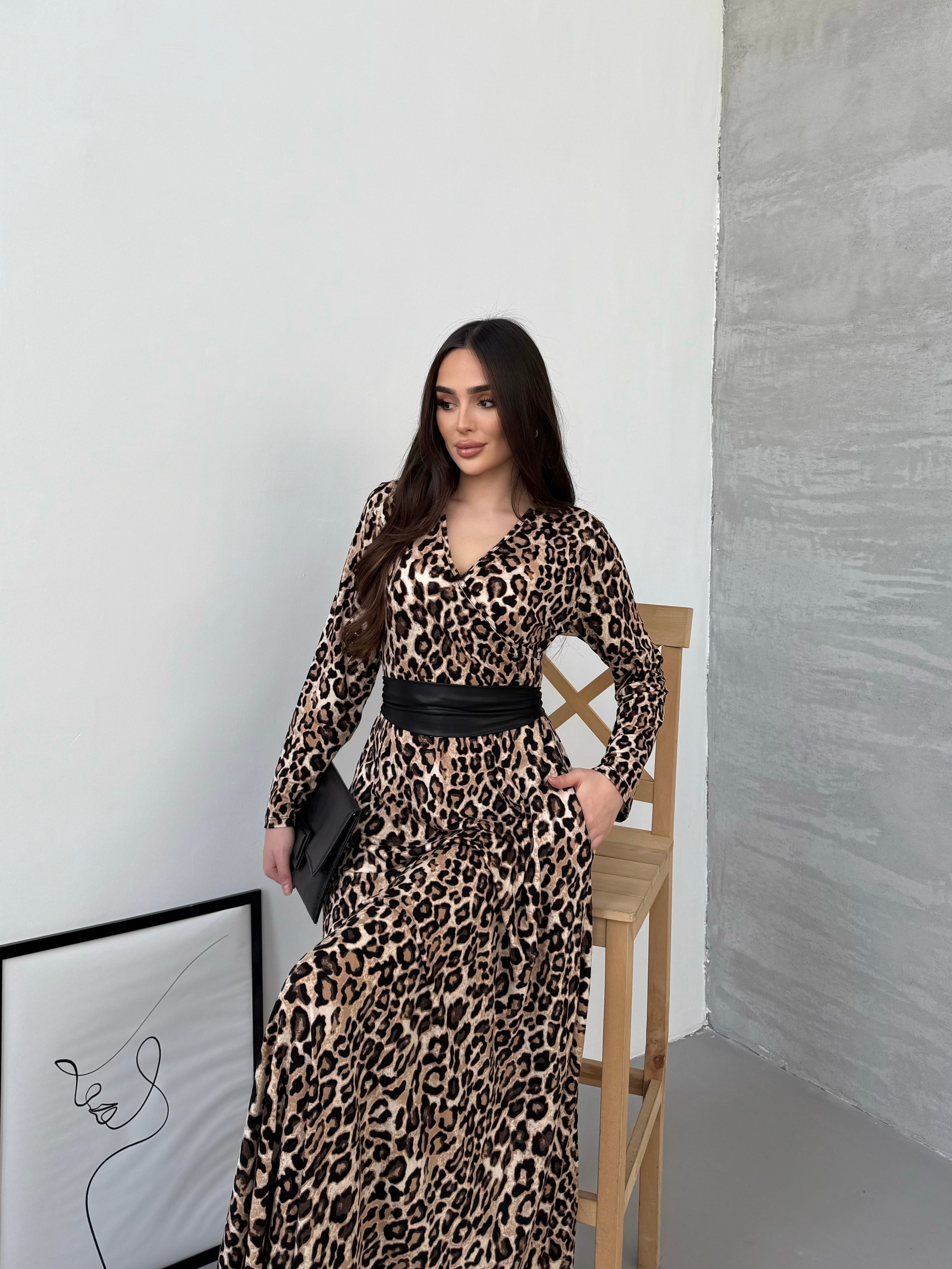 1029 Leopar Kemerli Maxi Elbise