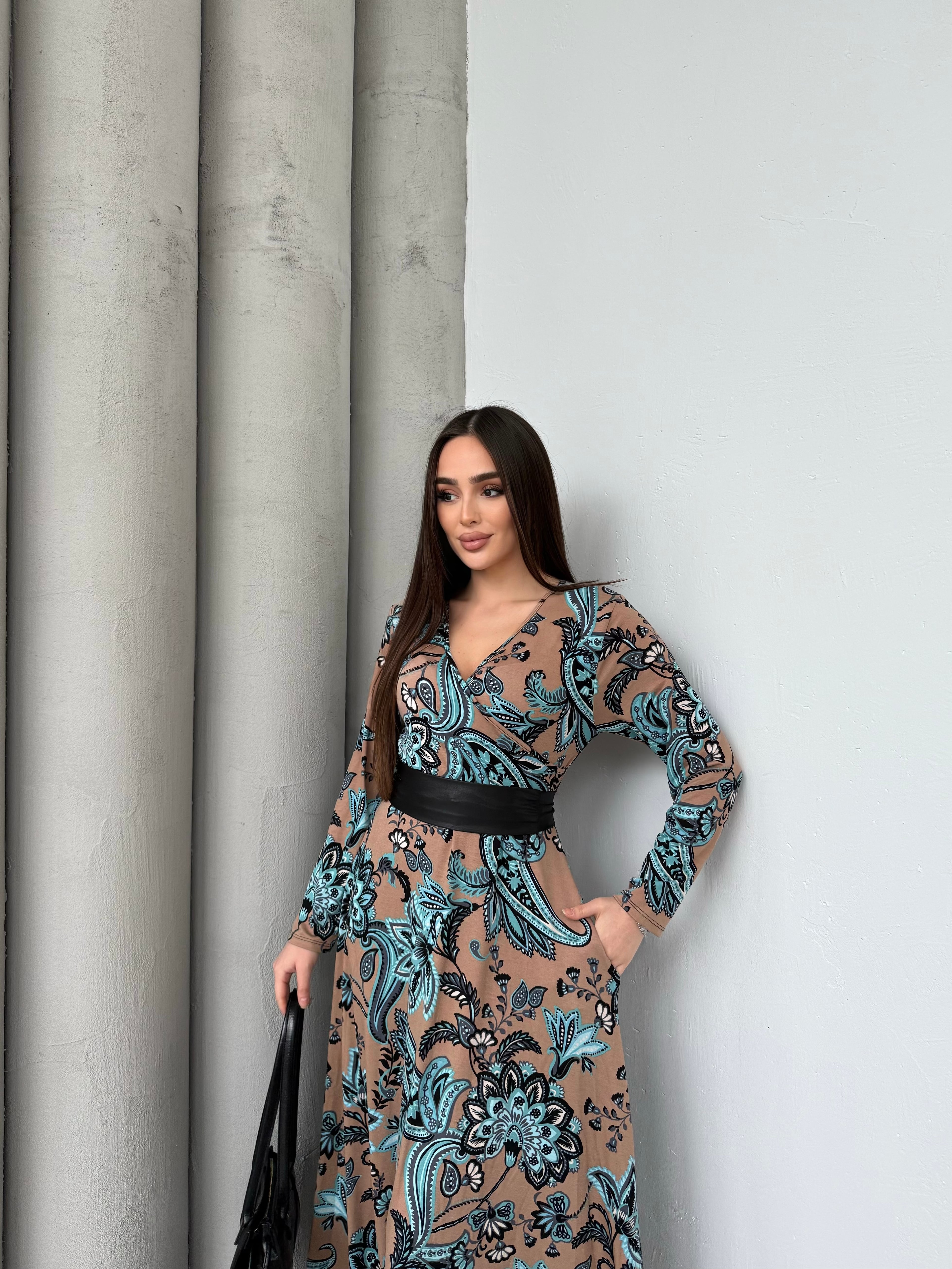 1030 Turkuaz Kemerli Maxi Elbise