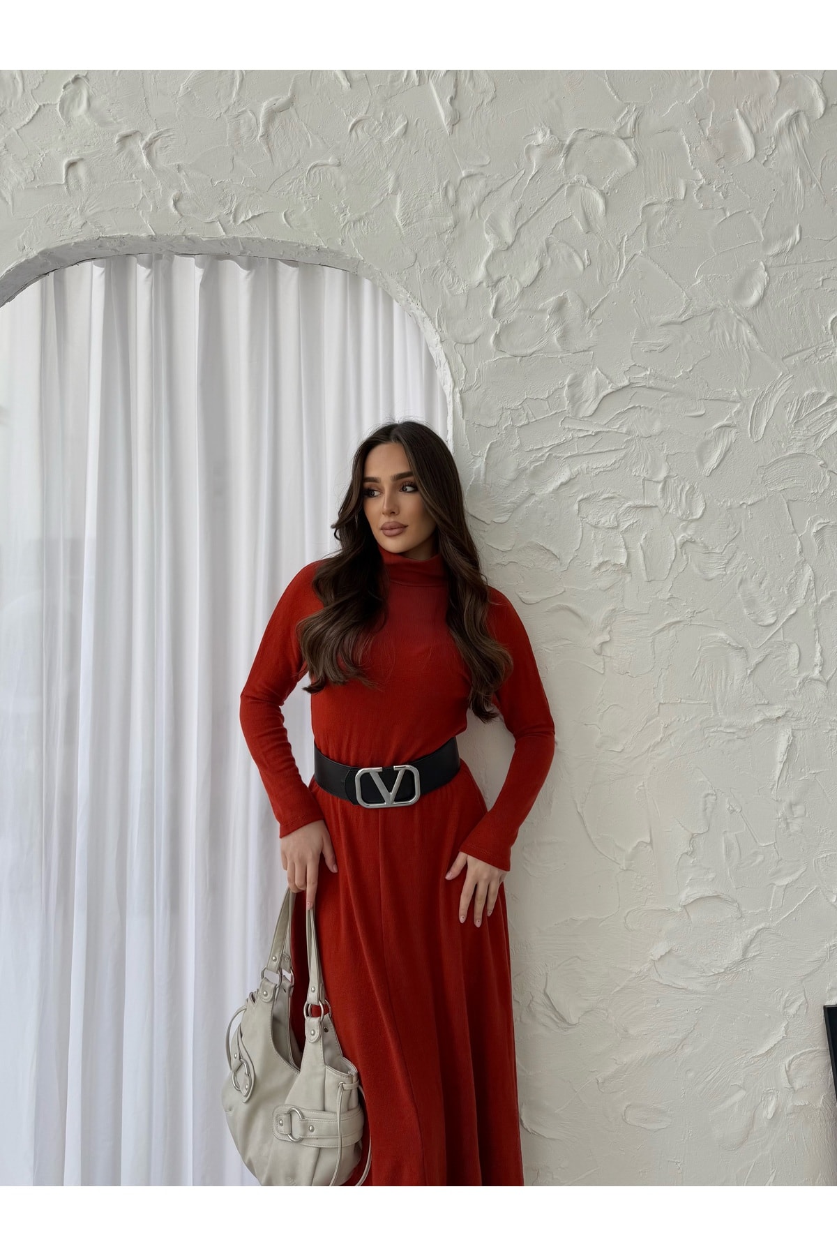Maxi Balıkçı Yaka Kemerli Triko Elbise