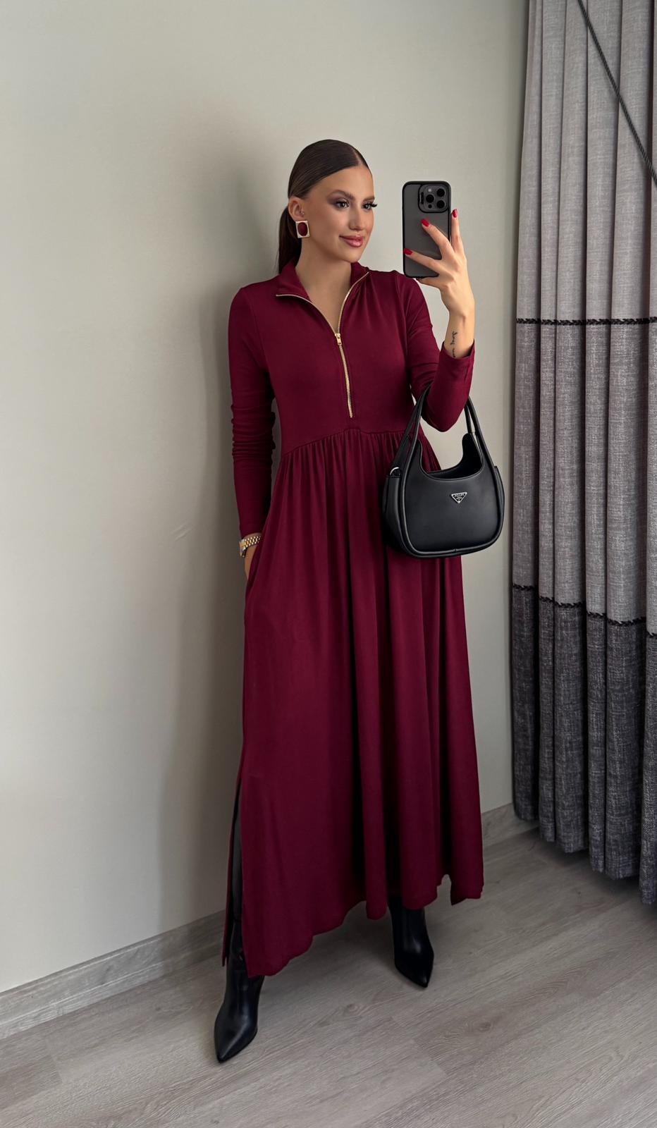 Fermuarlı Yırtmaçlı Maxi Elbise