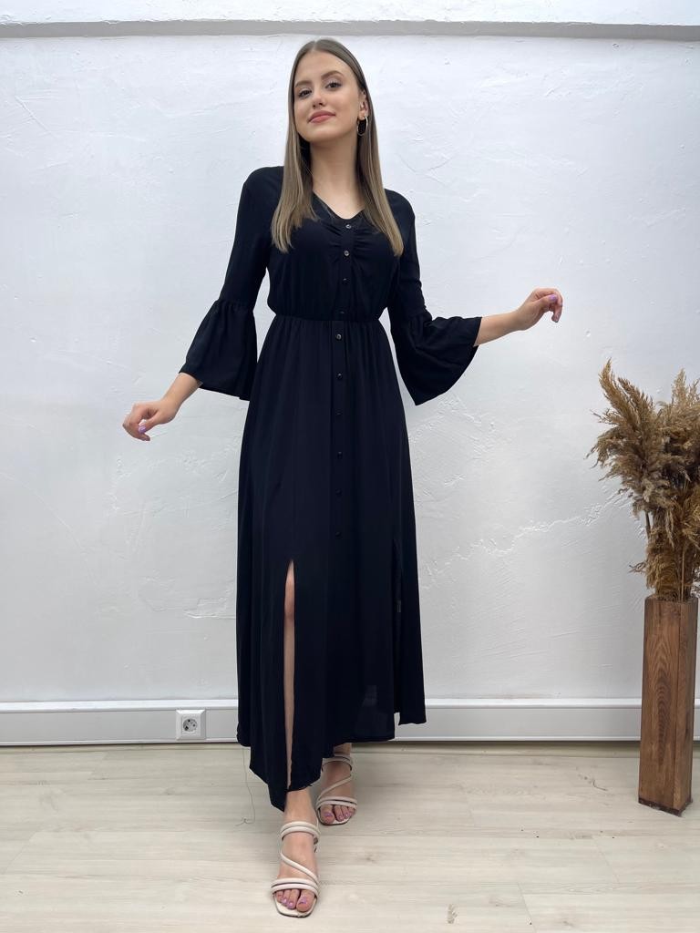V Yaka Kollları Volanlı Elbise - Siyah